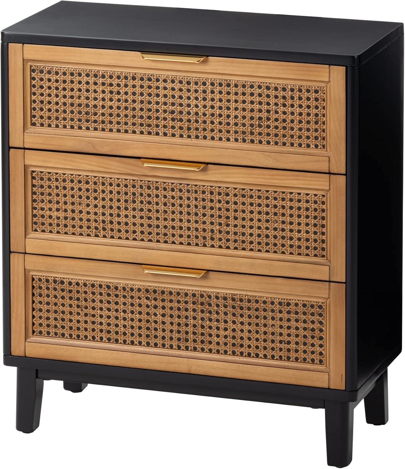 Black and Natural Cane 3-Drawer Nightstand with Brass Pulls