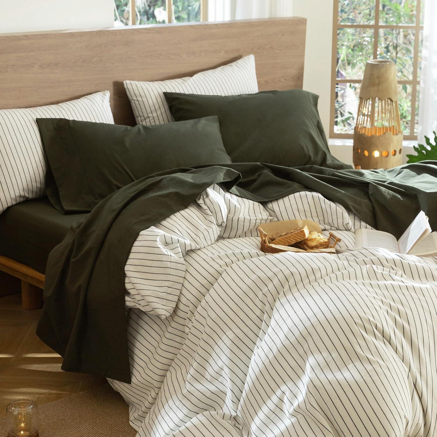 MOOMEE 100% Washed Cotton Linen Like Textured Duvet Cover Set