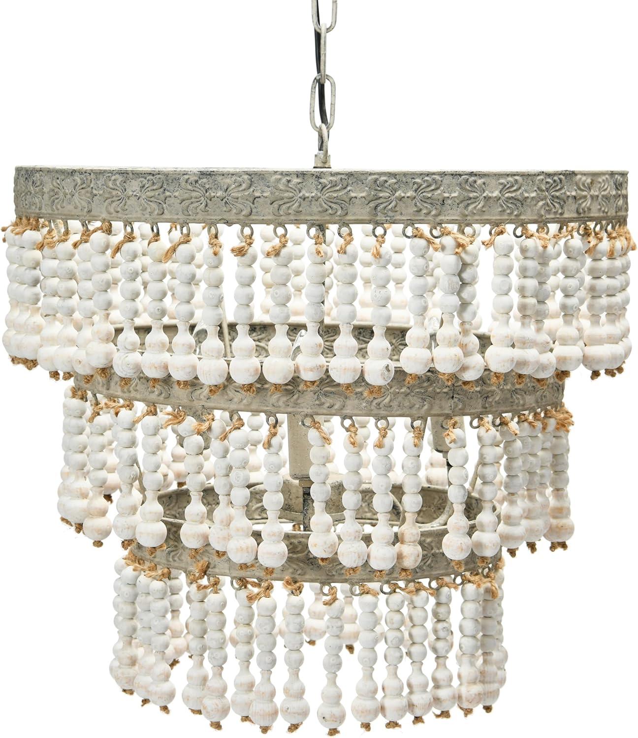 3-Tier Round Metal Chandelier with 3 Lights and Hanging Wood Beads Cream - Storied Home: Antique Bohemian Ceiling Fixture, UL Listed