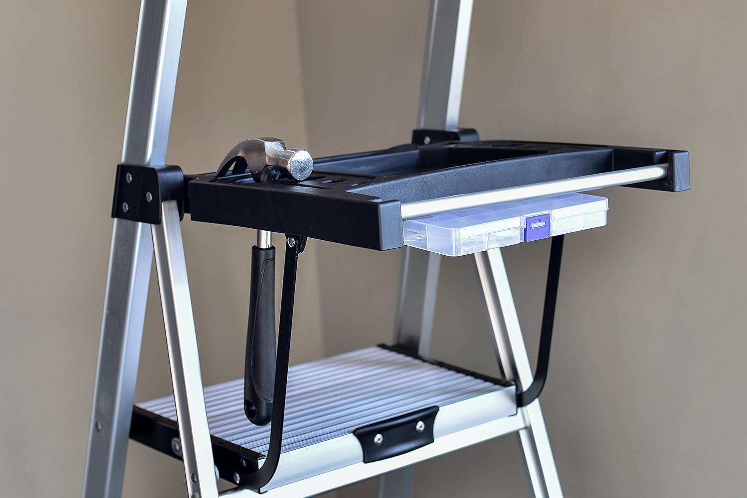 Rubbermaid 3-Step Ladder, Aluminum Lightweight Folding Step Stool with Project Tray, Silver, Tested to US Safety Standards, No Assembly Required