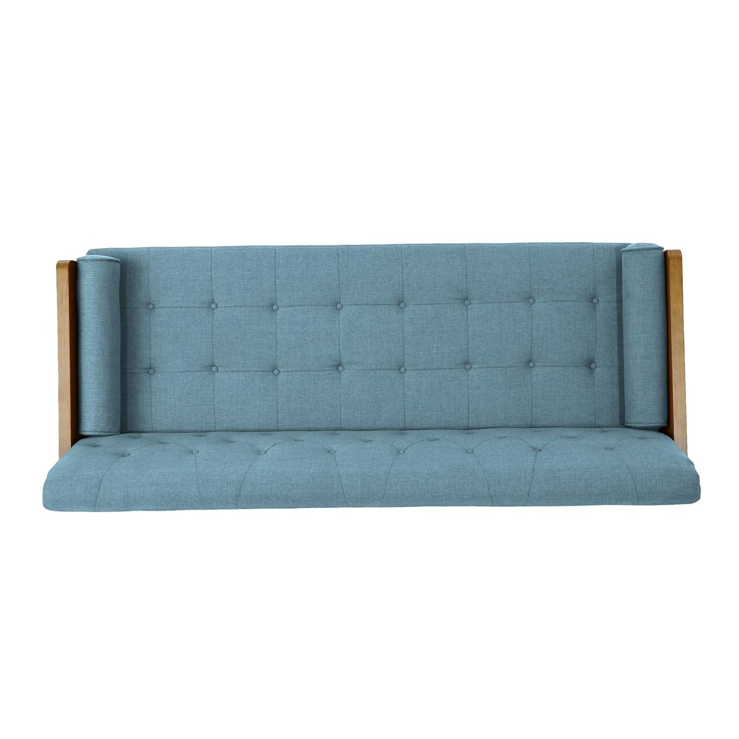 GDFStudio Aidan Mid Century Modern 72.25" Tufted Upholstered 3 Seater Sofa，Blue/Dark Walnut/Gold