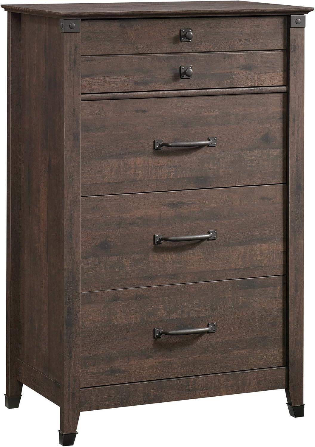 Coffee Oak Vertical 4-Drawer Chest with Wrought Iron Hardware