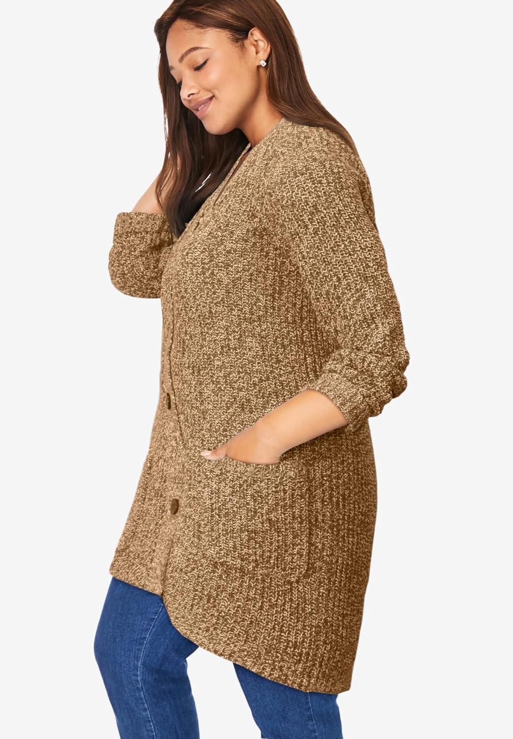 Woman Within Women's Plus Size Button-Front Shaker Cardigan