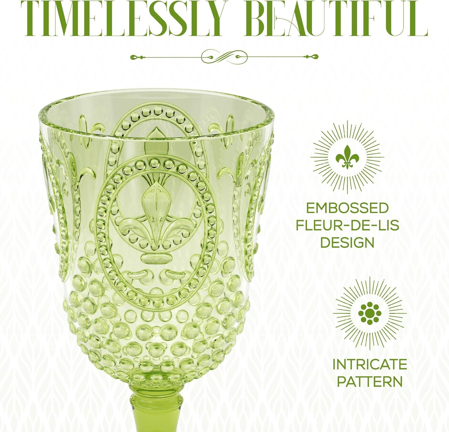 Green 15-Ounce Acrylic Fleur de Lis Wine Goblets, Set of 4