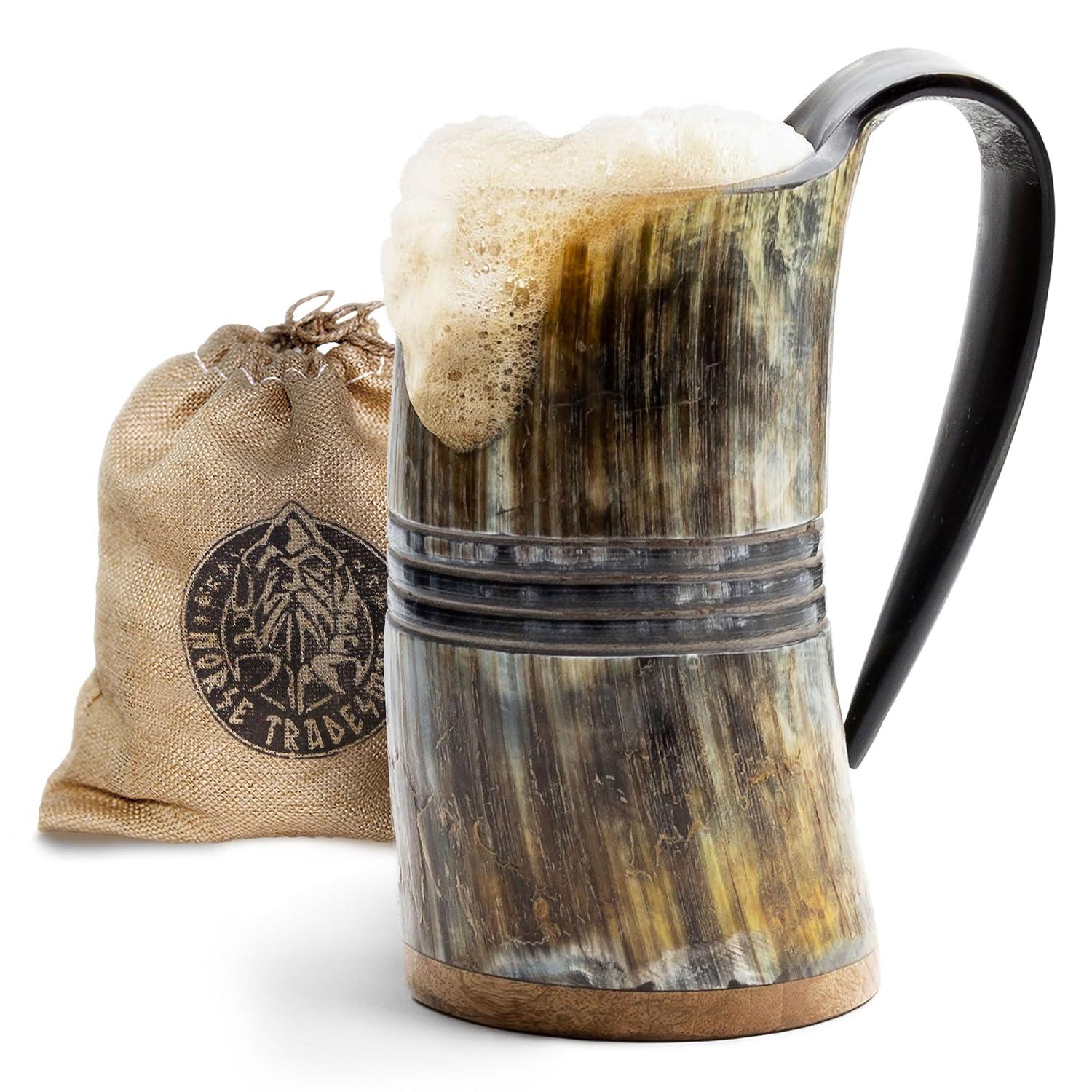 Norse Tradesman Genuine LG Viking Drinking Horn Mug - 100% Authentic Beer Horn Tankard With Hardwood Bottom & Ring Engravings | "The Eternal", Unpolished, approx. 16 oz