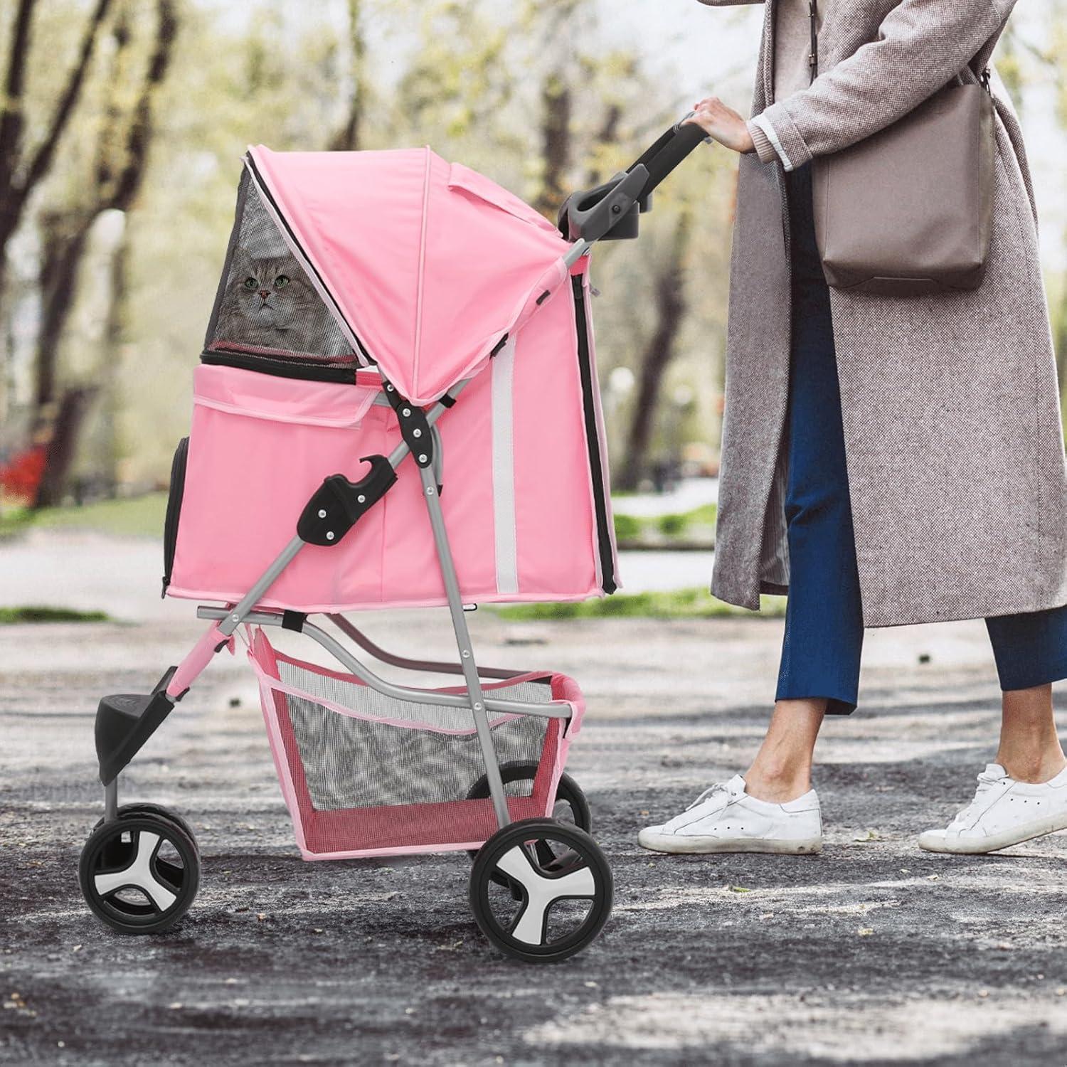 MoNiBloom Pet Dog Stroller with Wheels, Foldable Cat Dog Stroller with Storage Basket and Cup Holder for Small and Medium Cats, Dogs, Puppy, Pink