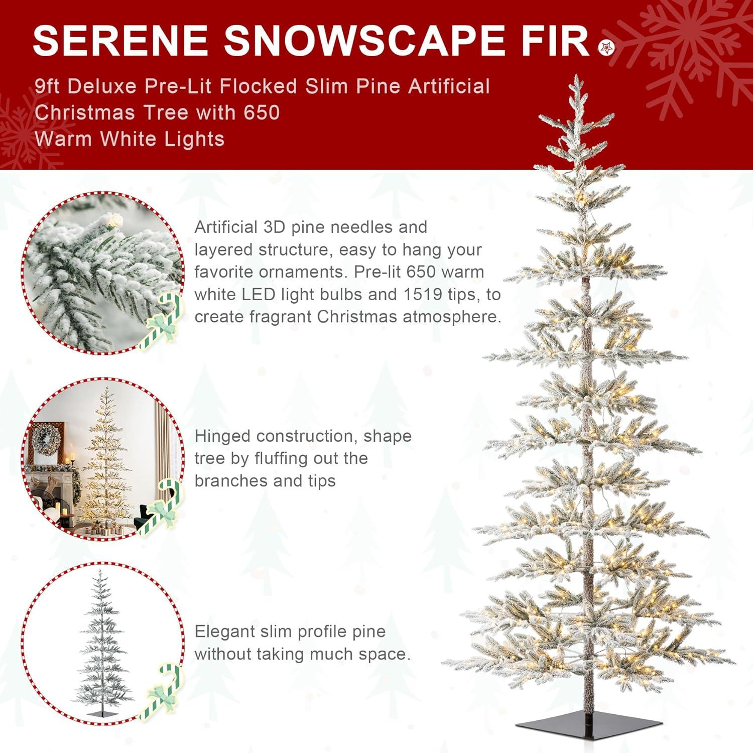 Glitz Design Glitzhome 9ft Deluxe Pre-Lit Flocked Pine Artificial Christmas Tree with 650 Warm White