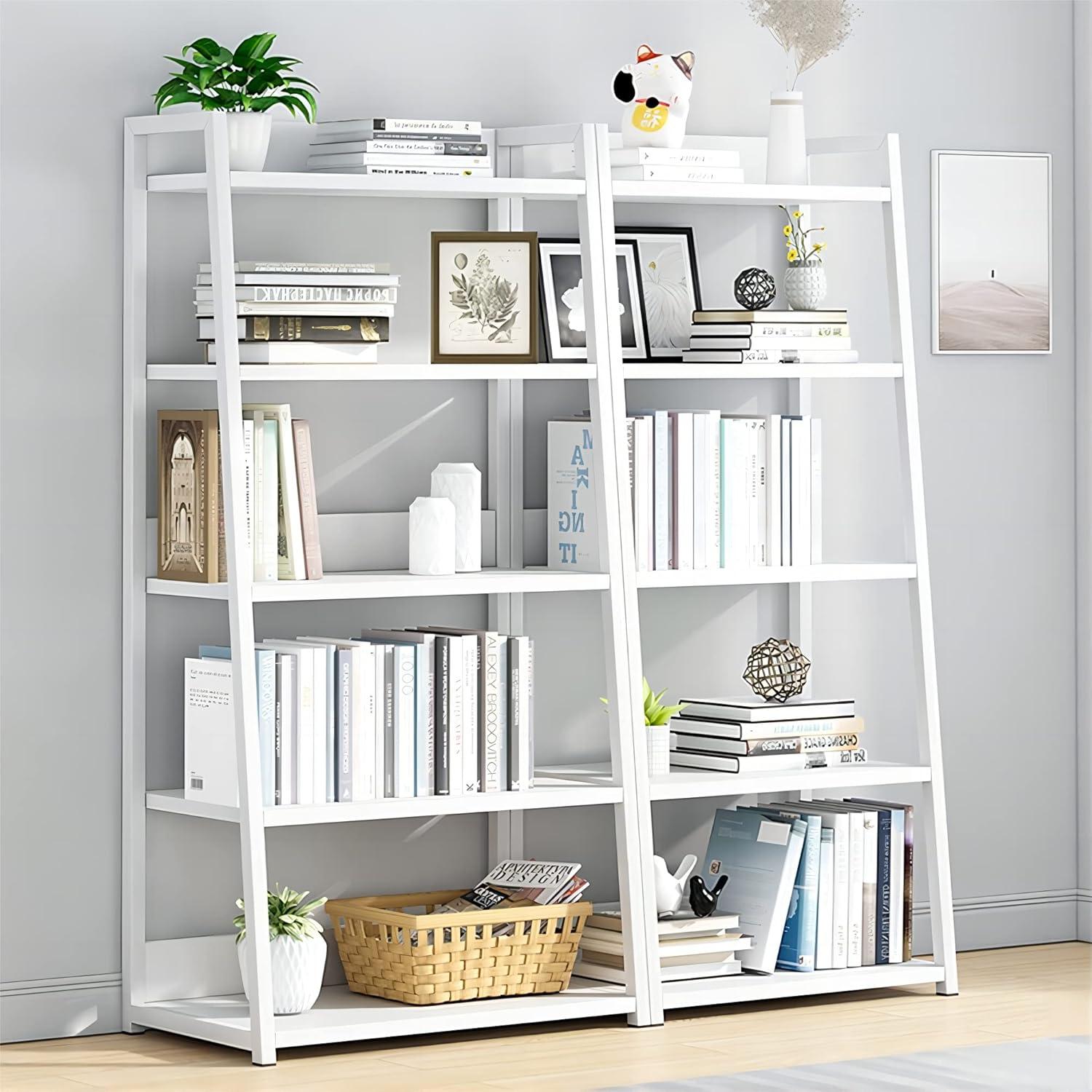 IOTXY 5 Tier Open Bookshelf - Steel and Wood Display Stand, 50CM Width Floor-Standing Bookcase, White