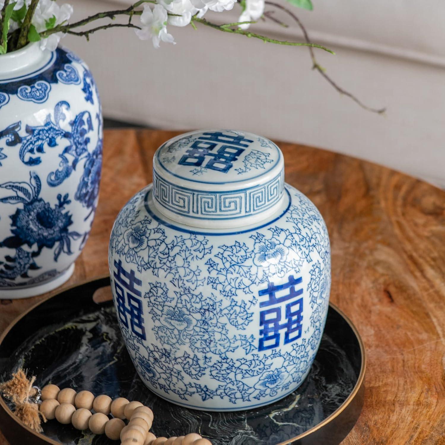 A&B Home Blue and White Ceramic Ginger Jar with Lid Ancient Chinese Oriental Style Multi Purpose 7.9" x 7.9" x 9.4"