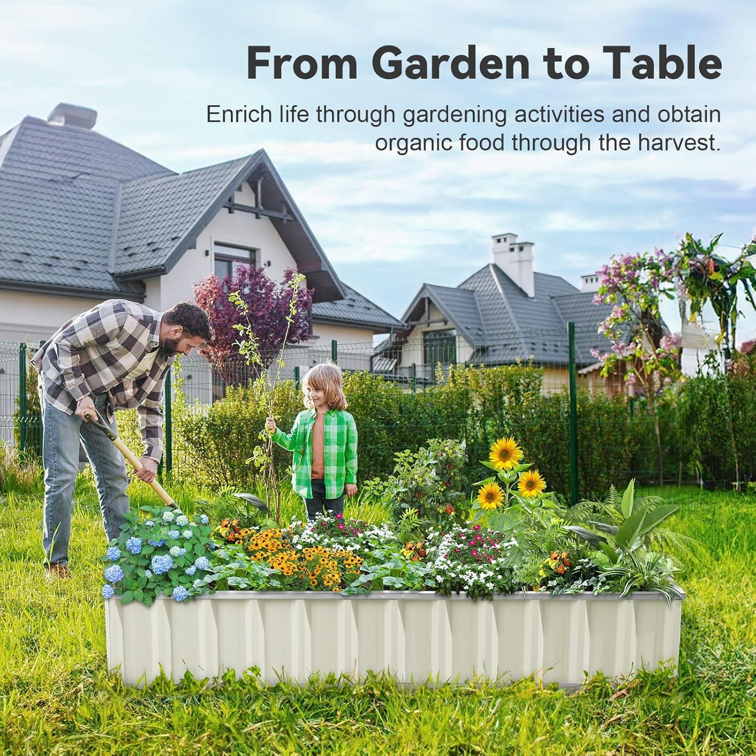 KING BIRD Raised Garden Bed 68"x 36"x 12" Galvanized Steel Metal Outdoor Garden Planter Box Kit with 2 Pairs of Gloves (Ivory)