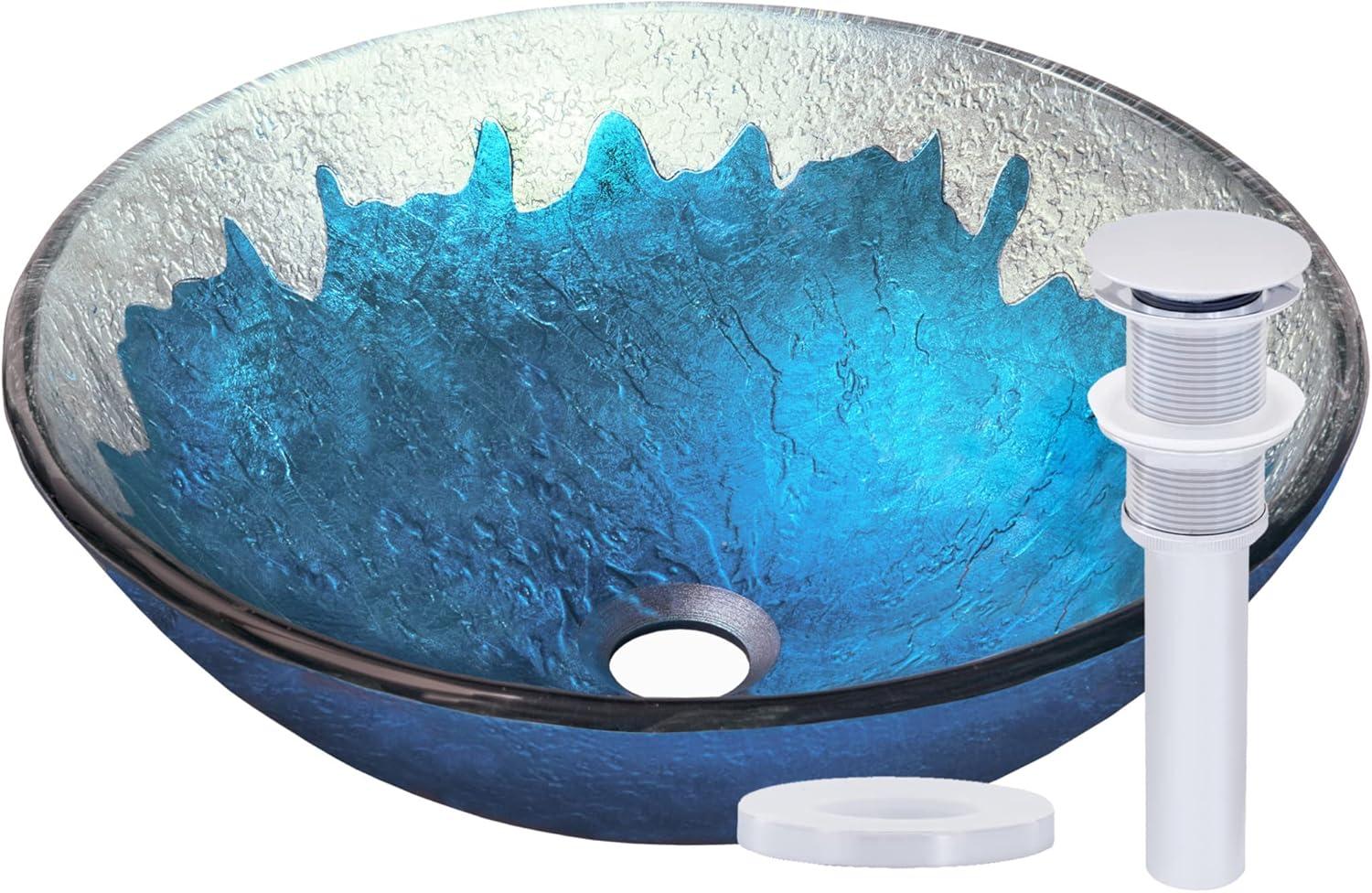 Circular Blue and Silver Tempered Glass Vessel Sink with Chrome Drain