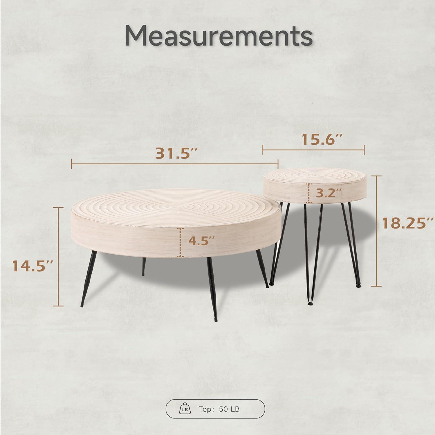 COZAYH 2-Piece Modern Farmhouse Living Room Coffee Table Set, Nesting Table Round Natural Finish with Handcrafted Wood Ring Motif, White