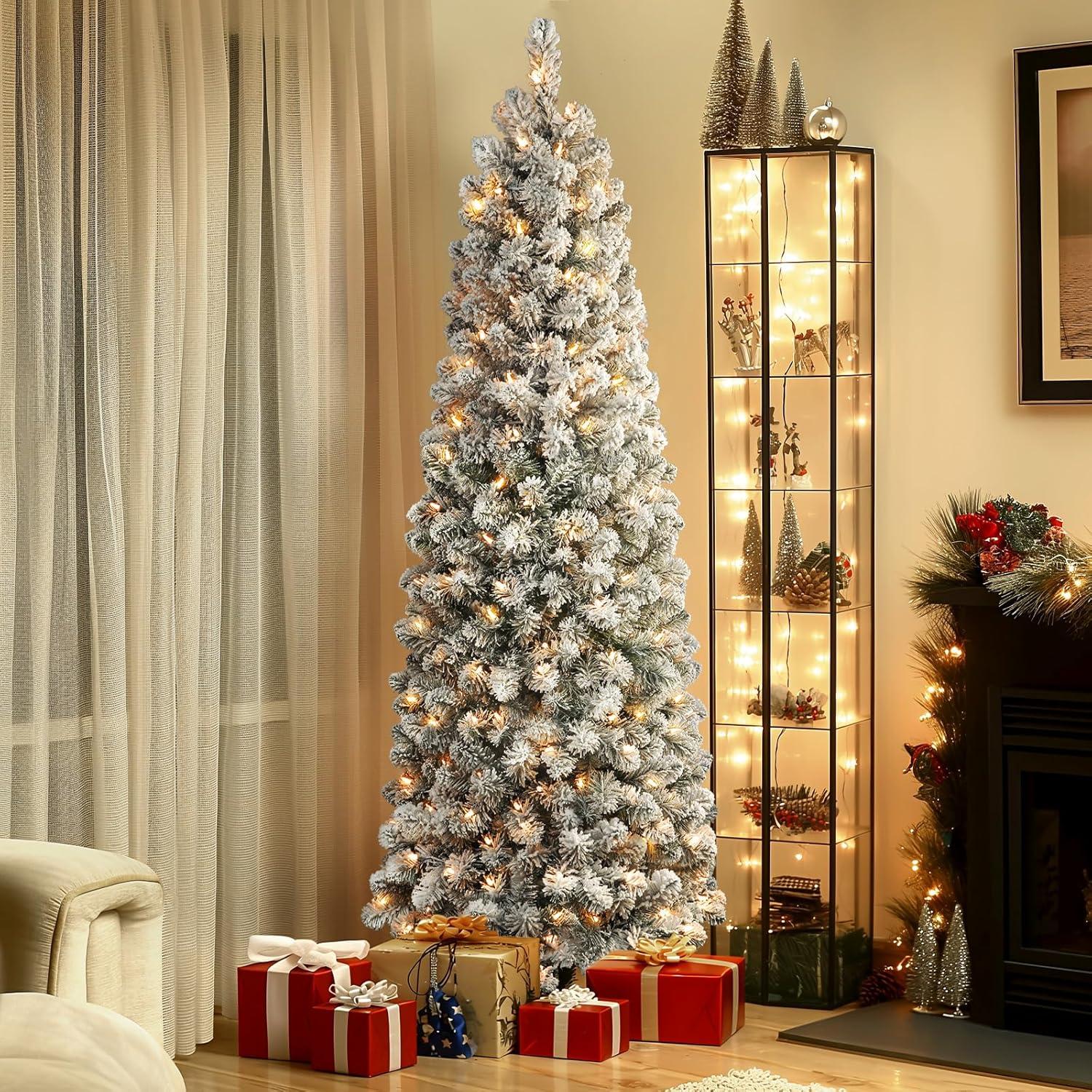 7.5ft Pre-lit Snow-Flocked Kingswood Fir Pencil Artificial Christmas Tree