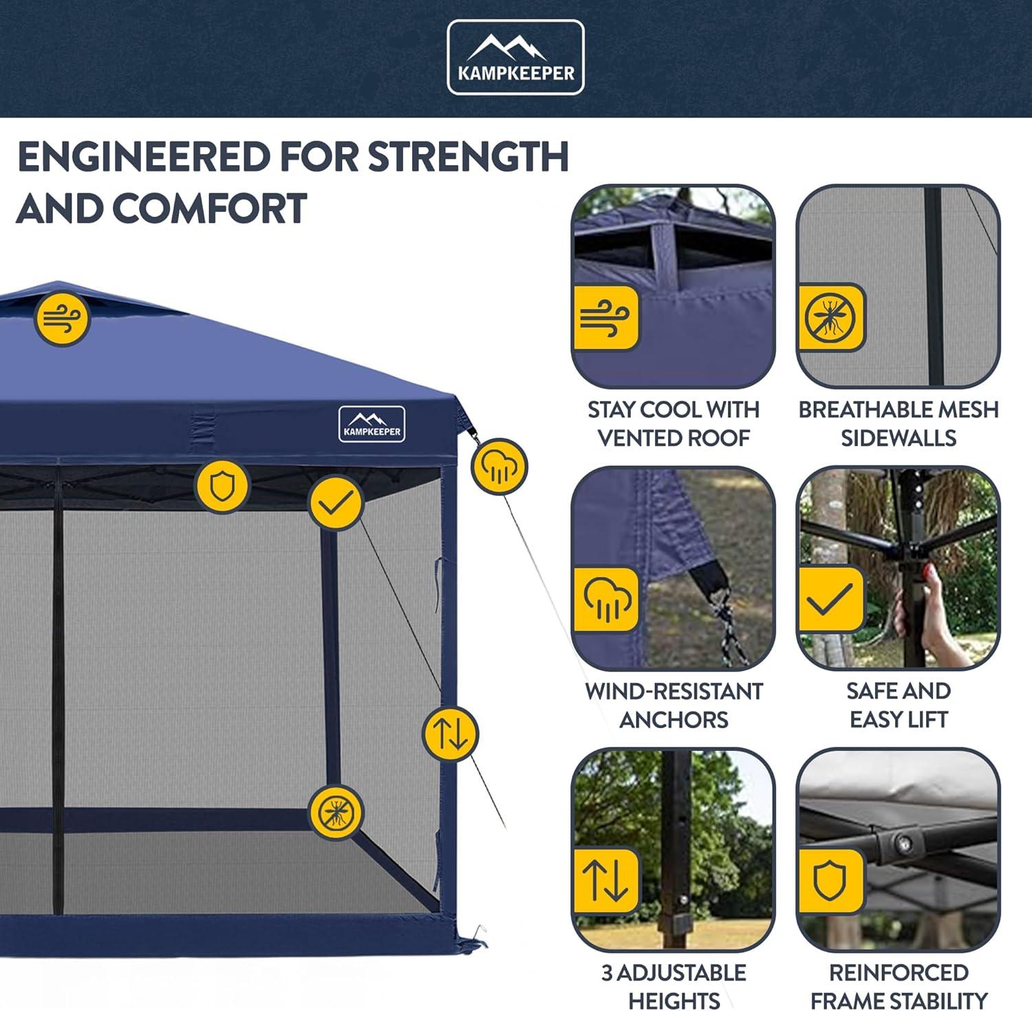 KAMPKEEPER 10x10 Pop Up Canopy Tent with Mosquito Netting - Waterproof Screen Shelter for Sun Shade, Camping, Beach and Outdoor Events, Navy Blue