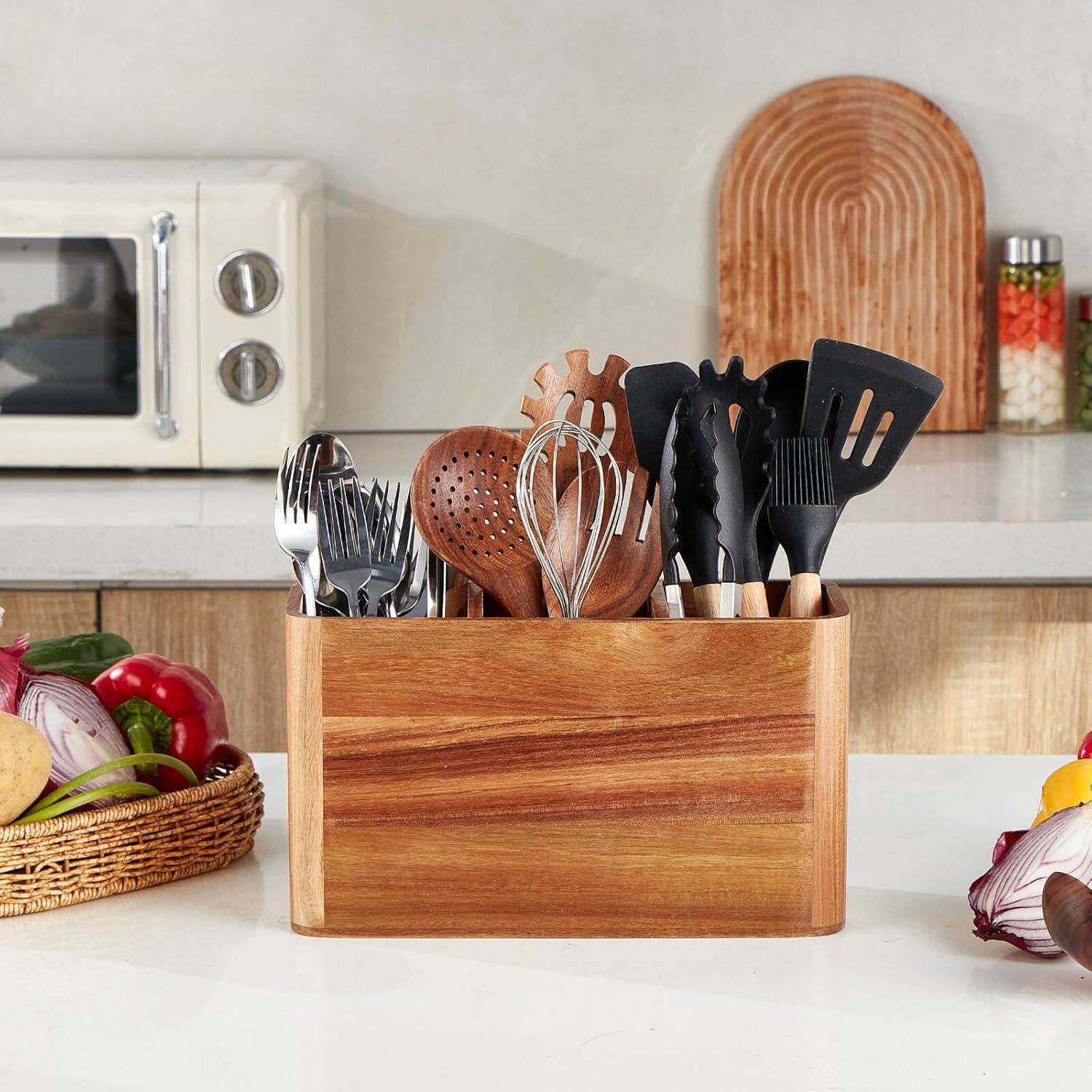 Wooden Utensil Holder for Kitchen Counter, Large Acacia Rustic Utensil Holder for Countertop with 3 Compartments, Wall Mounted Cooking Utensil Holder,