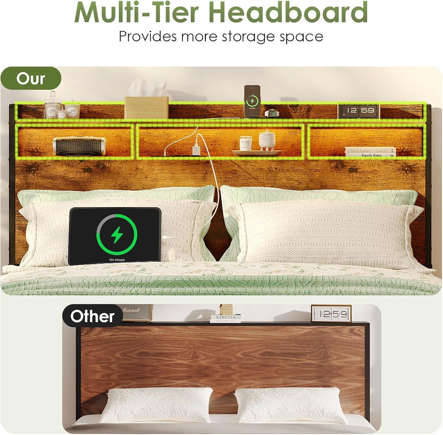 KKL Twin Bed Frames, Storage Headboard with Charging Station, RGB Light Strips, Solid and Stable, Noise Free, No Box Spring Needed, Easy Assembly, Rustic Brown
