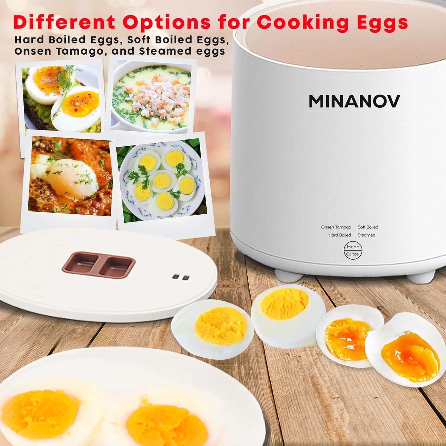 MINANOV Electric egg Cooker - 4 Egg Capacity Rapid Egg Cooker for Hard Boiled, Soft Boiled, Steamed Egg, Onsen Tamago - Smart Cooker for Kitchen, Dorm and Camping with Auto Power-off and Beep Alarm