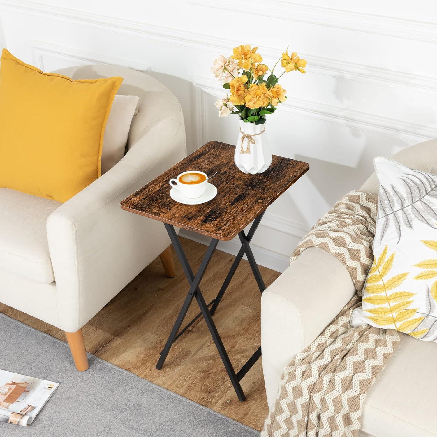 Rustic Brown and Black Folding TV Tray Table with Metal Frame