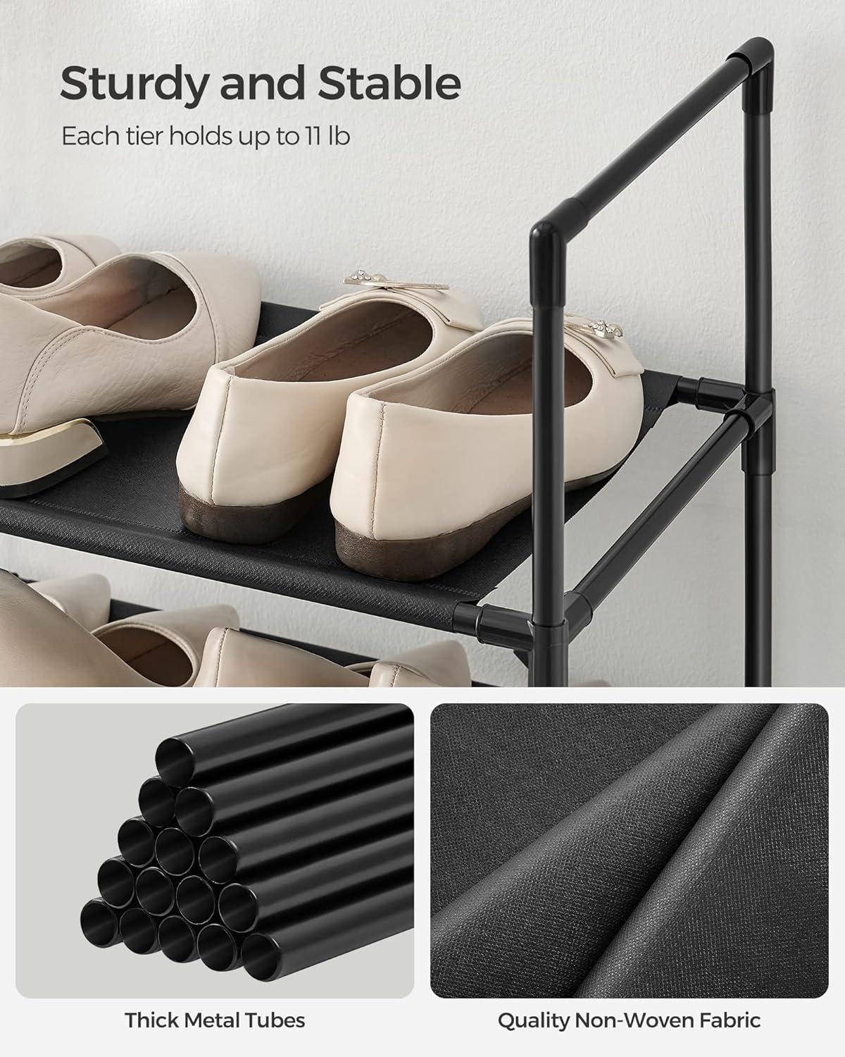 Black 10-Tier Metal and Fabric Freestanding Shoe Rack