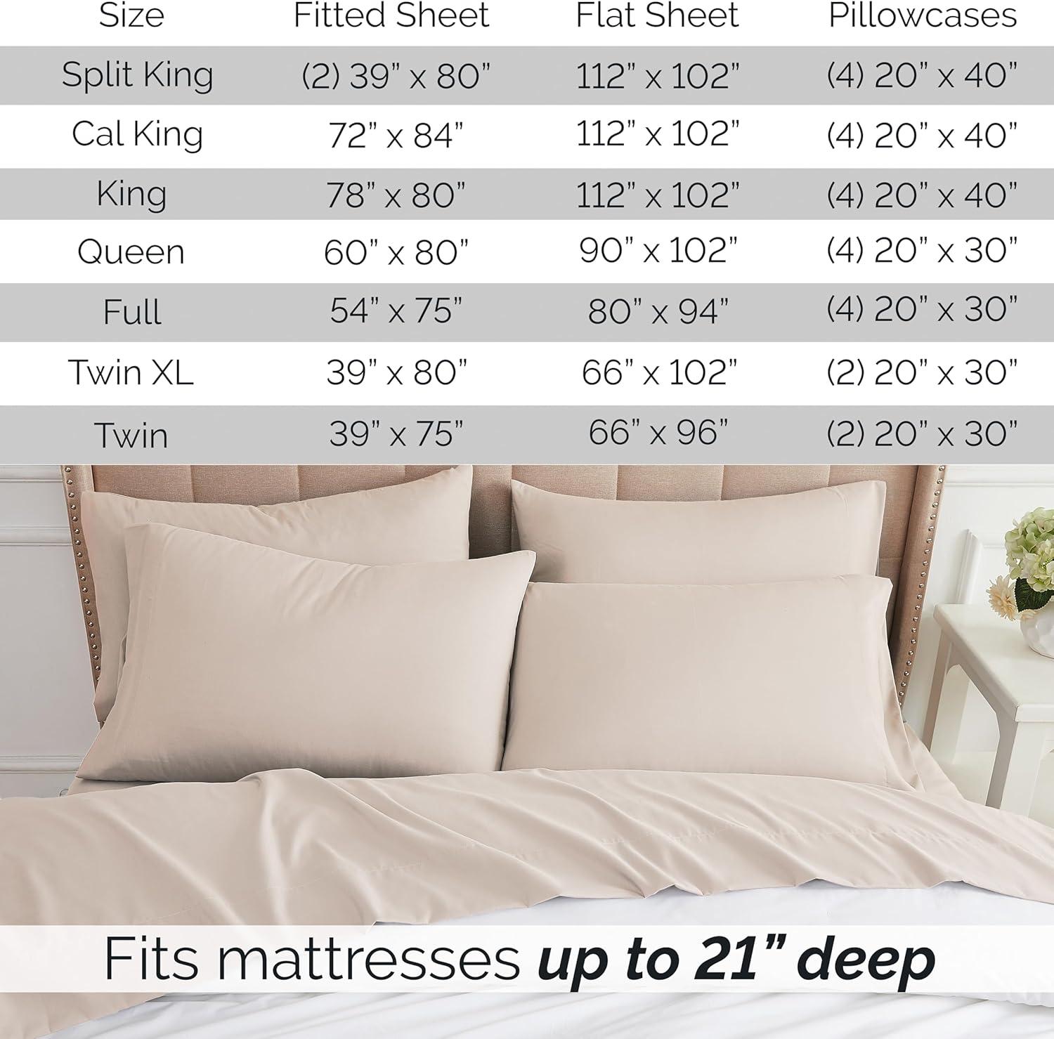 Southshore Fine Living, Inc. 6-Piece, 21-Inch Queen Sheets Deep Pocket, Pet Hair Resistant Queen Bed Sheet Set with Extra Deep Pocket Fitted Sheet, Bone Colored Sheets and Pillow Cases Set of 4, Bone