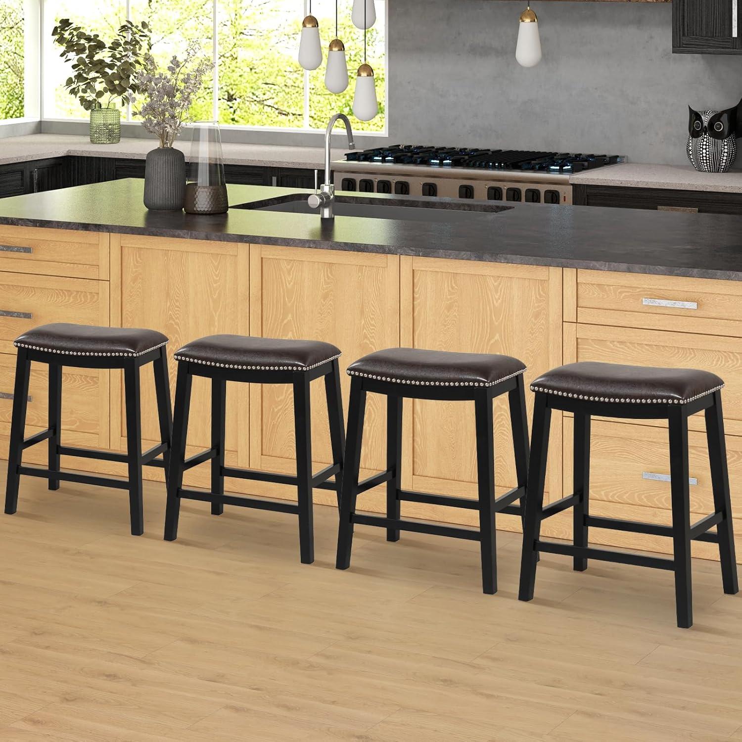 Costway 26-Inch Bar Stool Set of 2 Counter Height Saddle Stools with Upholstered Seat Brown