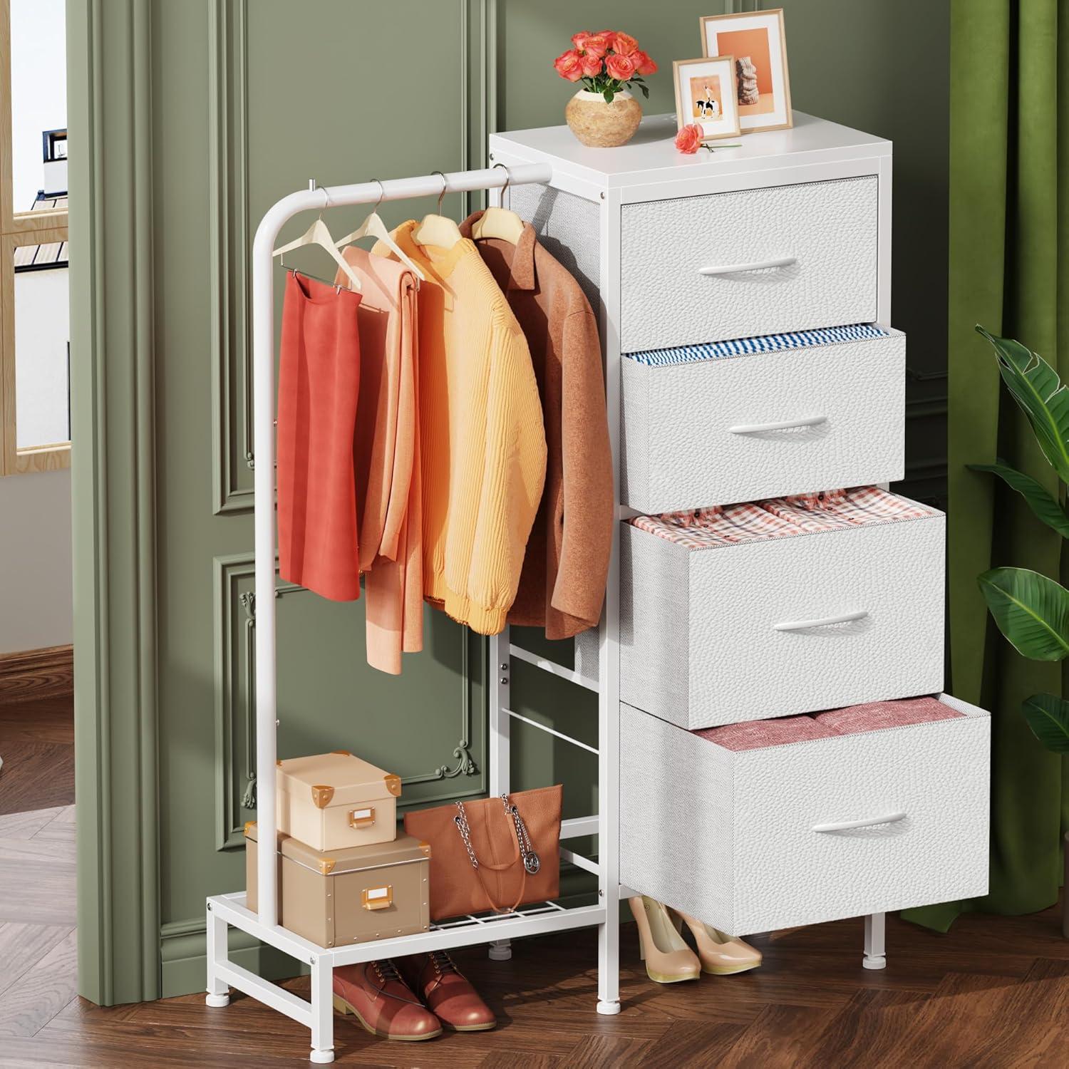 Dresser with Hanging Rack, 4 Drawers Small Closet for Bedroom, Reversible Fabric Chest of Drawers with Clothes Rack, Tall Storage Tower, Sturdy Frame, White, 44''H