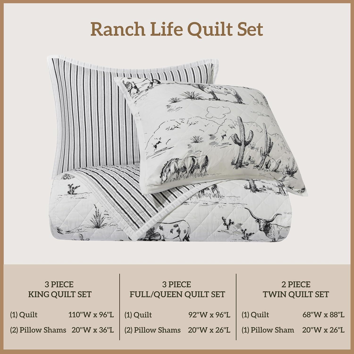 Paseo Road by HiEnd Accents Ranch Life White/Black Cotton Reversible Western Rustic Farmhouse 3 Piece Quilt Set
