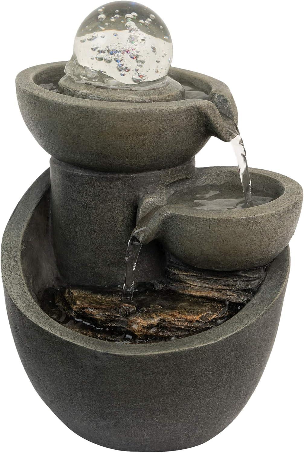 Gray Polyresin 3-Tier Tabletop Water Fountain with LED Lights