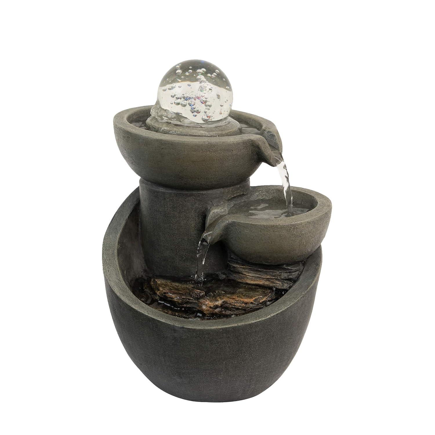Pure Garden Tabletop 3 Tier Water Fountain with Waterfall with Rolling Glass Ball and Multi-Colored LED Lights