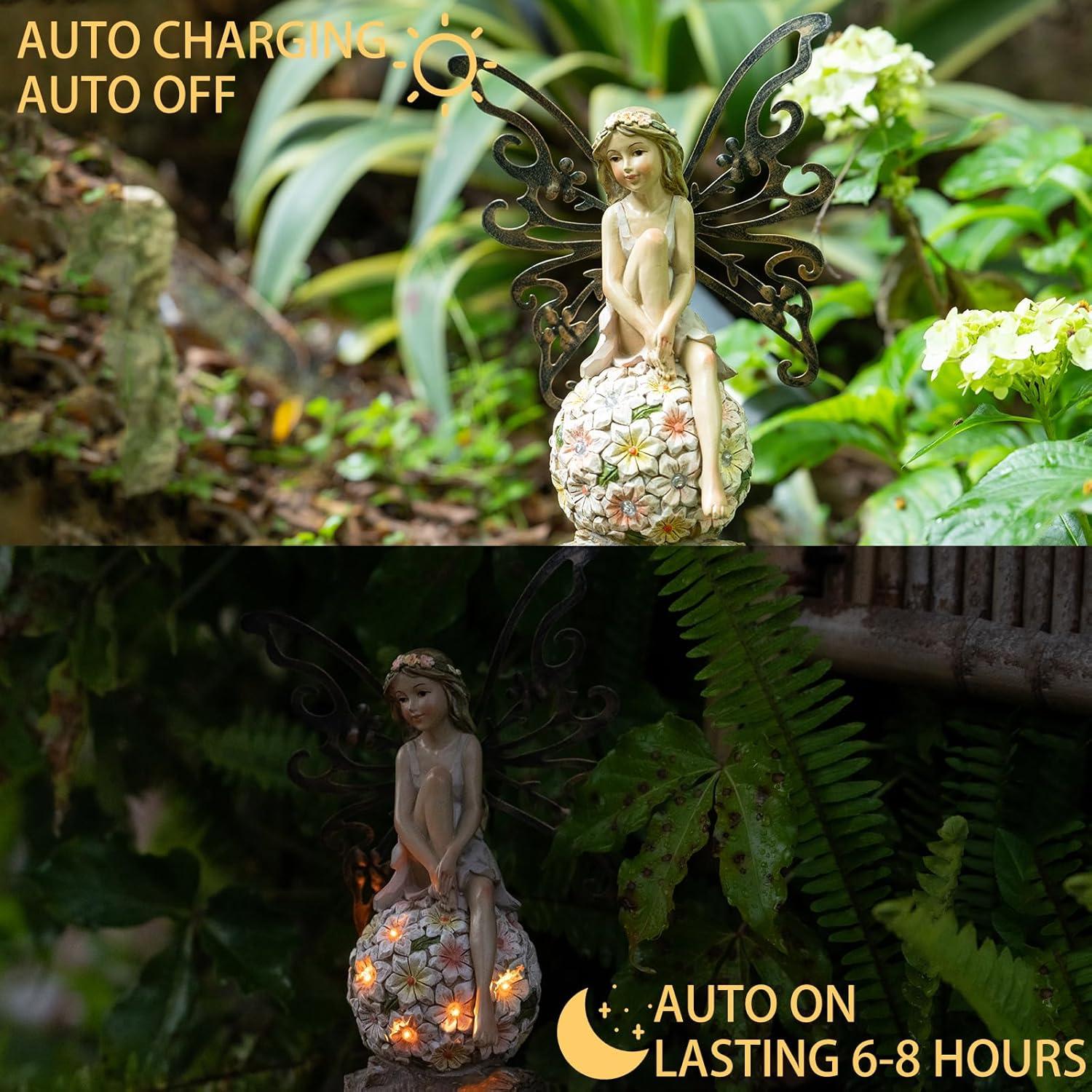 Solar Powered Resin Flower Fairy Garden Statue, 9.45 Inches Tall