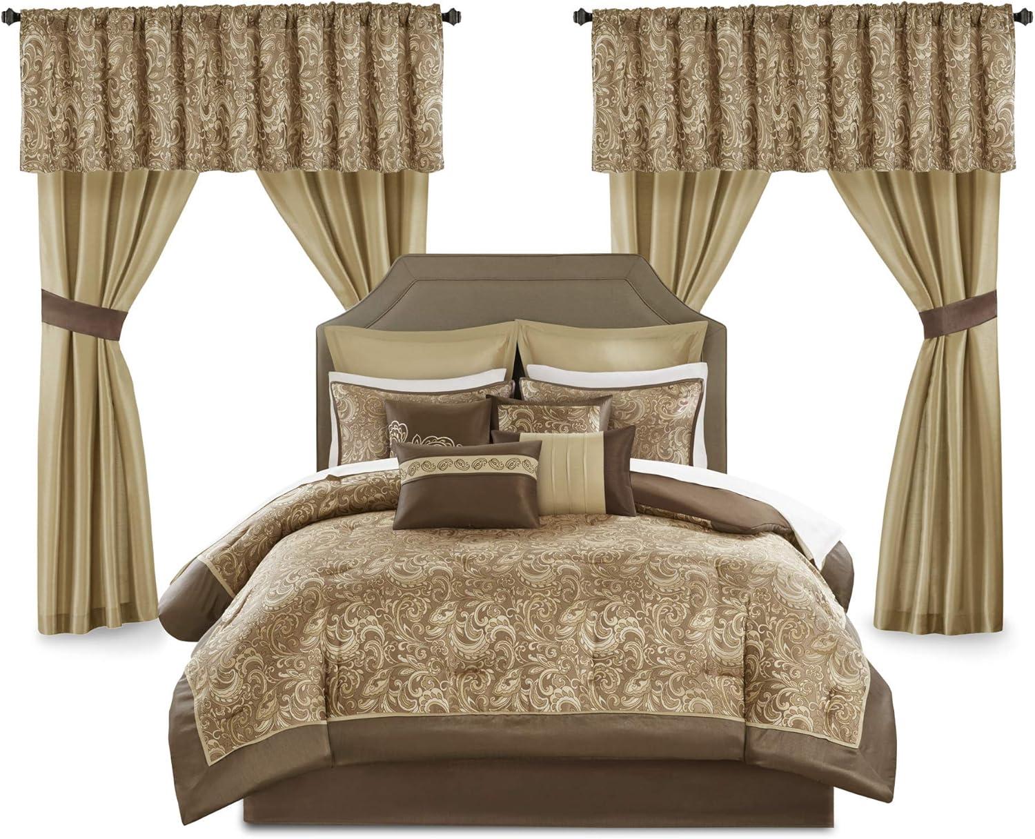 California King Brown Microfiber Paisley Comforter Set with Curtains