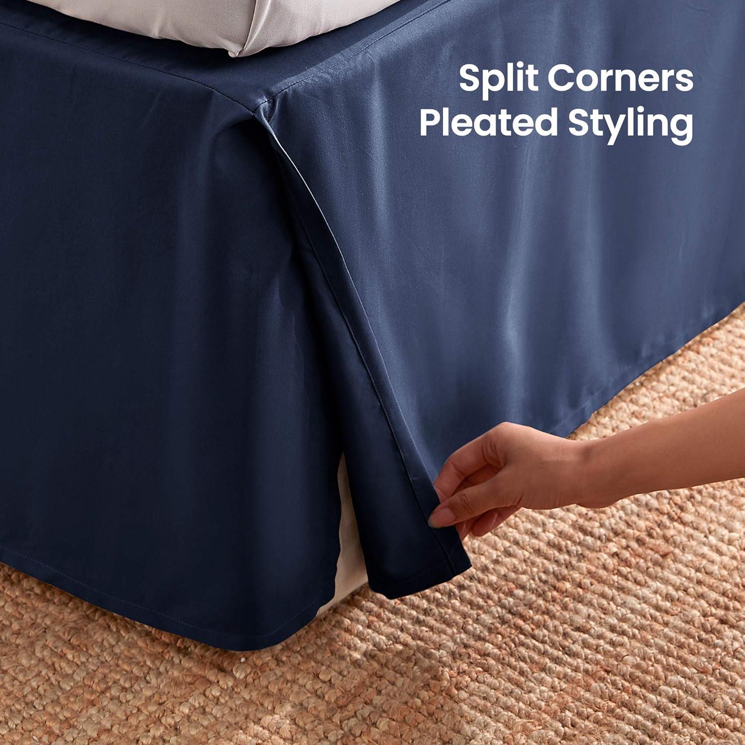 Navy Blue Queen Size Polyester Pleated Bed Skirt with 15-inch Drop