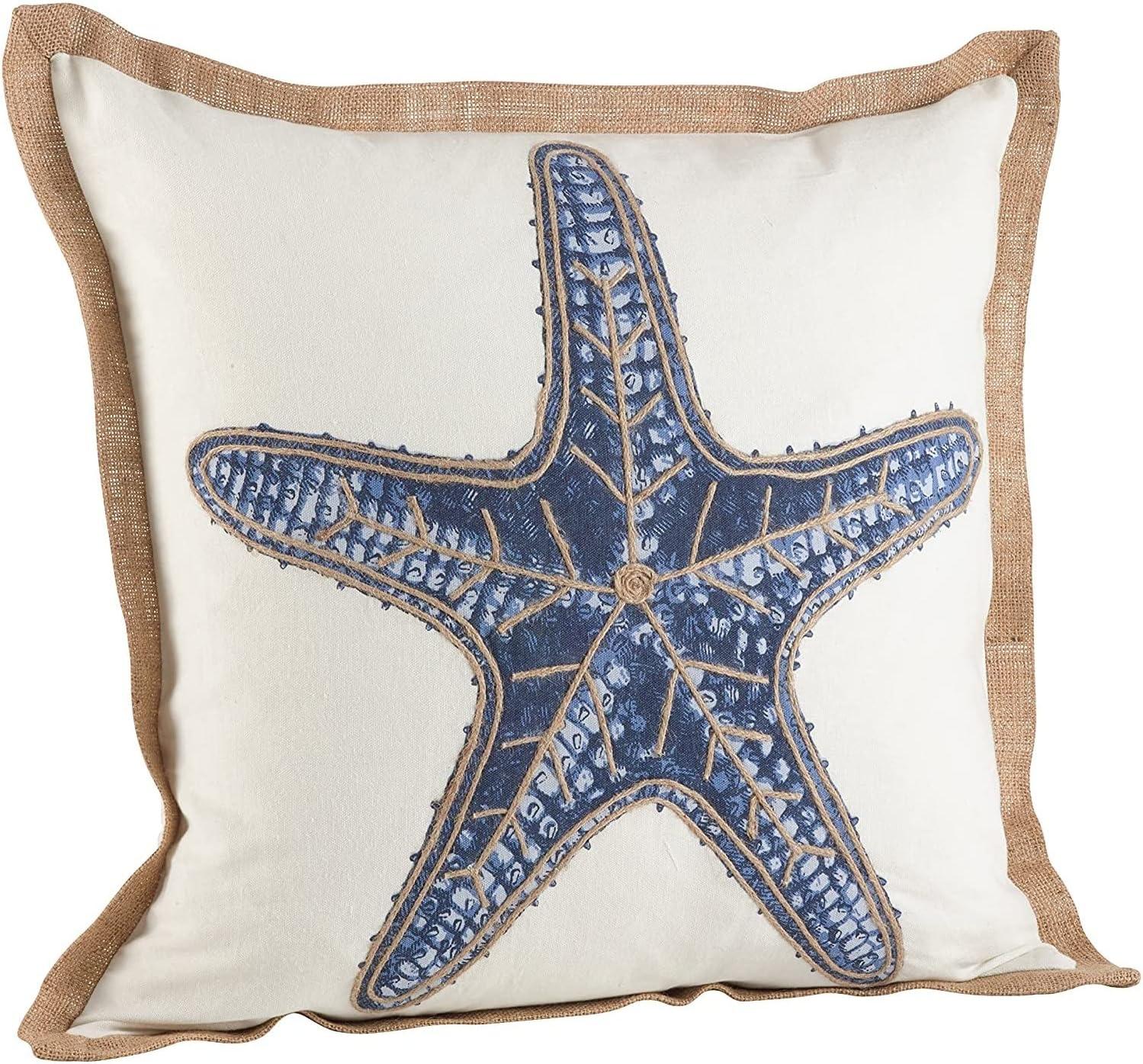 20" Navy Blue Starfish Embroidered Cotton Square Throw Pillow