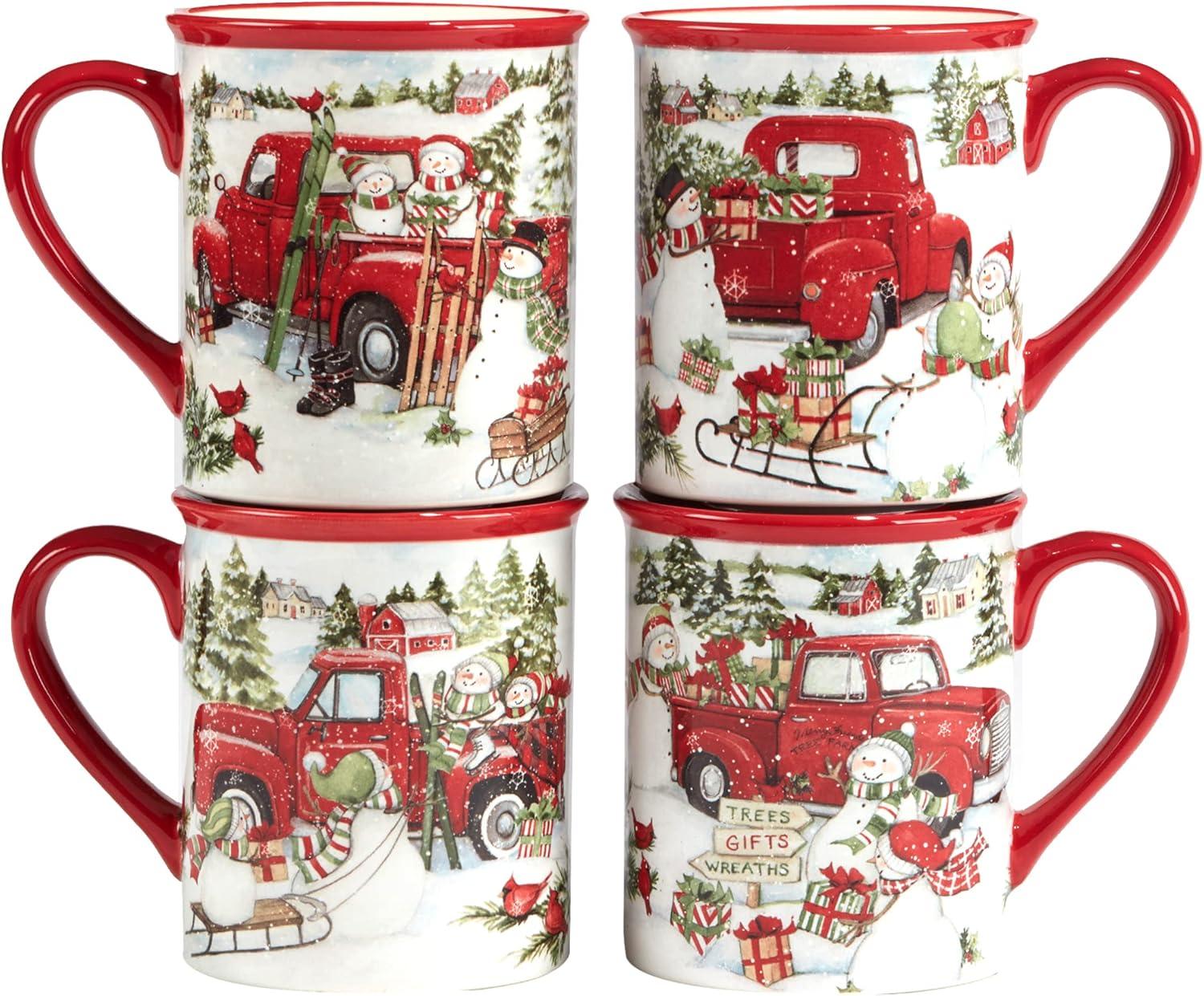 Set of 4 Red Truck Snowman 16oz Drinkware Mugs - Certified International