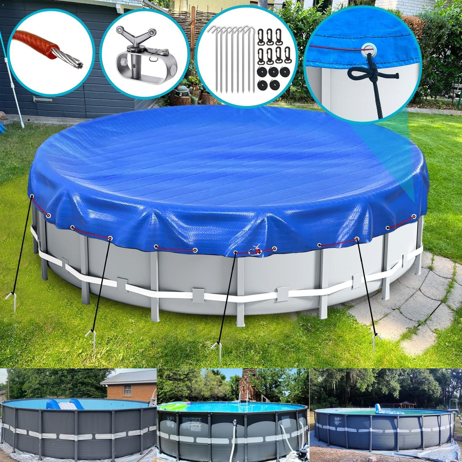 24ft Round Blue Above Ground Pool Cover with Steel Cable