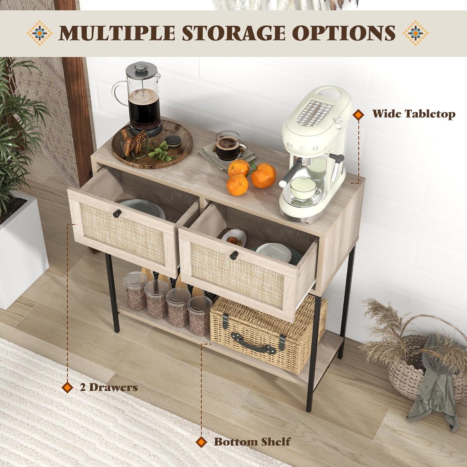 Spaco Rattan Console Table Boho Entryway Table with 2 Rattan Drawers and Open Storage Shelf-Oak, Entryway Table Hallway Table, Storage-Friendly Hallway Table for Foyer & Entry Spaces