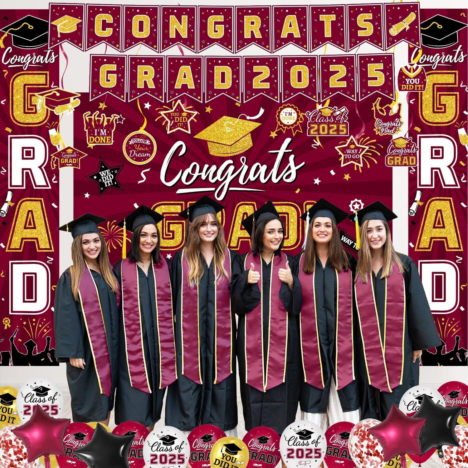 2025 Graduation Party Decoration, Red Gold Themed Set with Congrats Grad Banner, Balloons, Foil Number 2025 for Class of 2025 Graduation Party Supplies