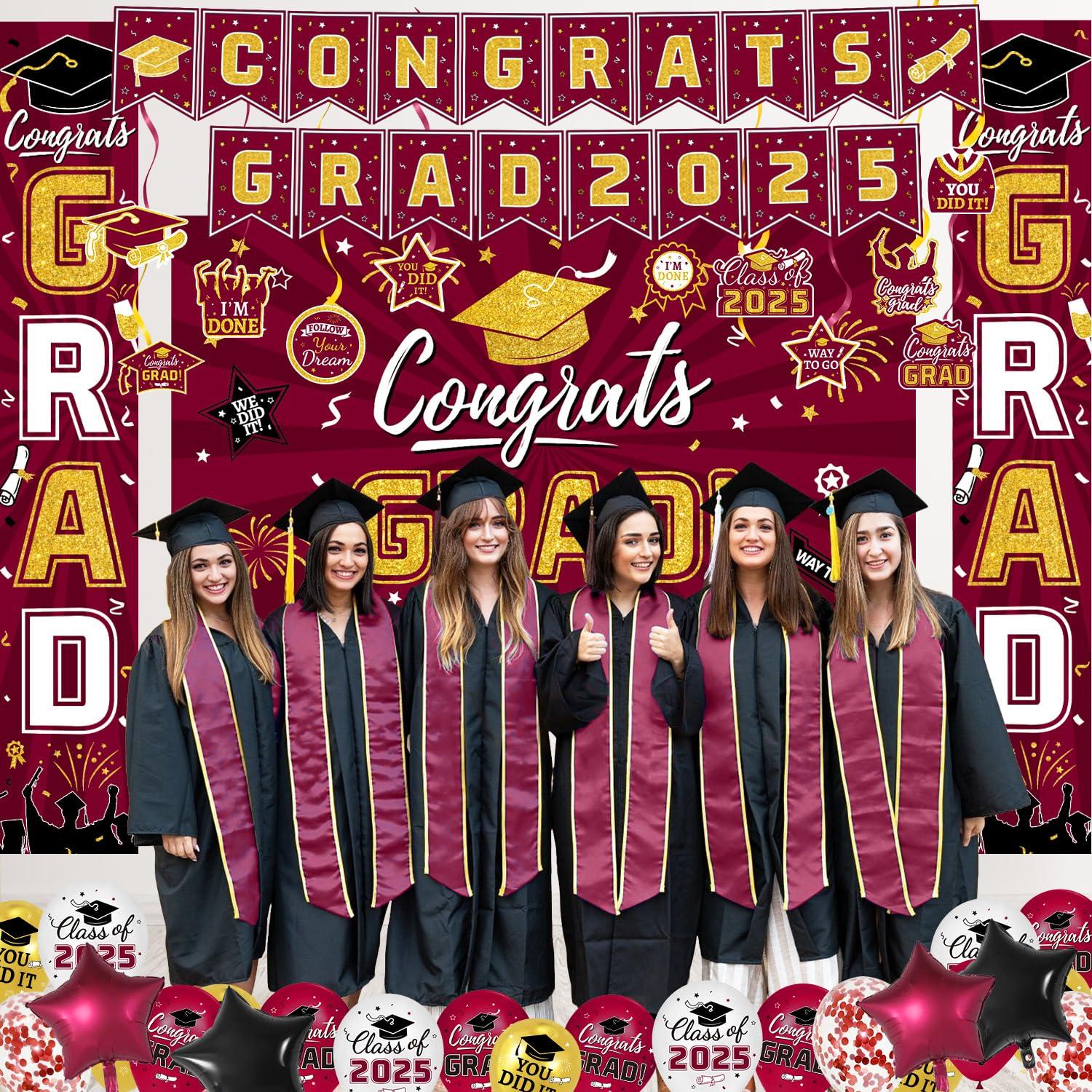 Graduation Party Decorations Class of 2025 Graduation Party Supplies Congrats Grad Banner Class of 2025 Backdrop, Paper Pompoms, Balloons for Congrats Grad Party Decorations (Burgundy-Gold)