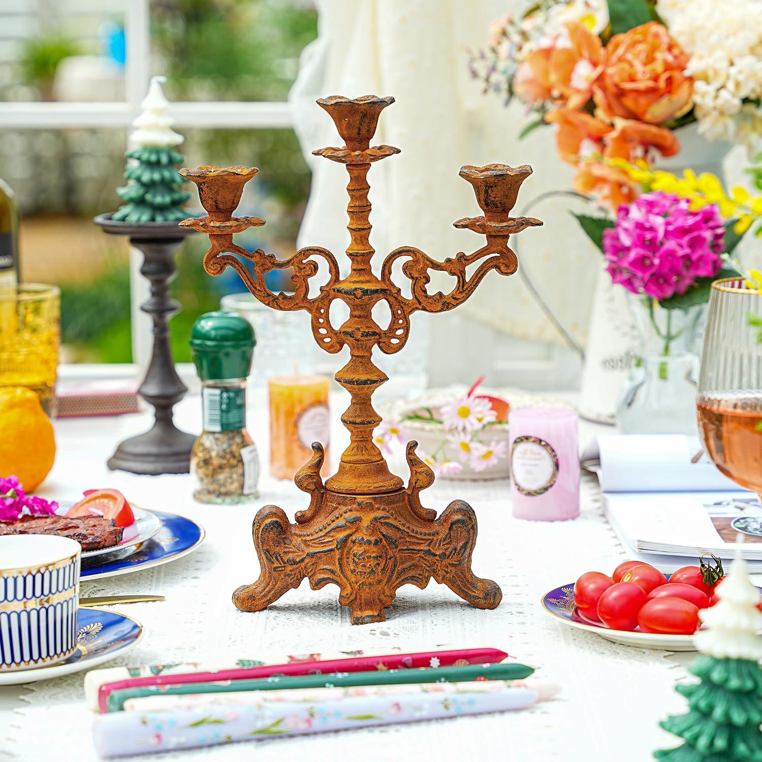 Sungmor Rusty Cast Iron 3 Arm Candelabra, 13" Tall Vintage Candlestick Holder, Decorative Taper Candle Holder, Pretty Centerpiece Candle Stand for Halloween, Christmas, Holiday Décor