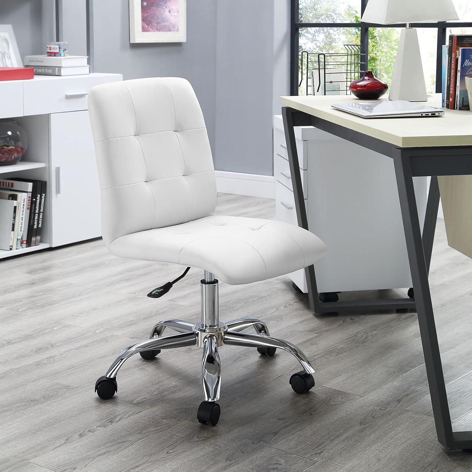 White Faux Leather Armless Swivel Office Chair with Chrome Base