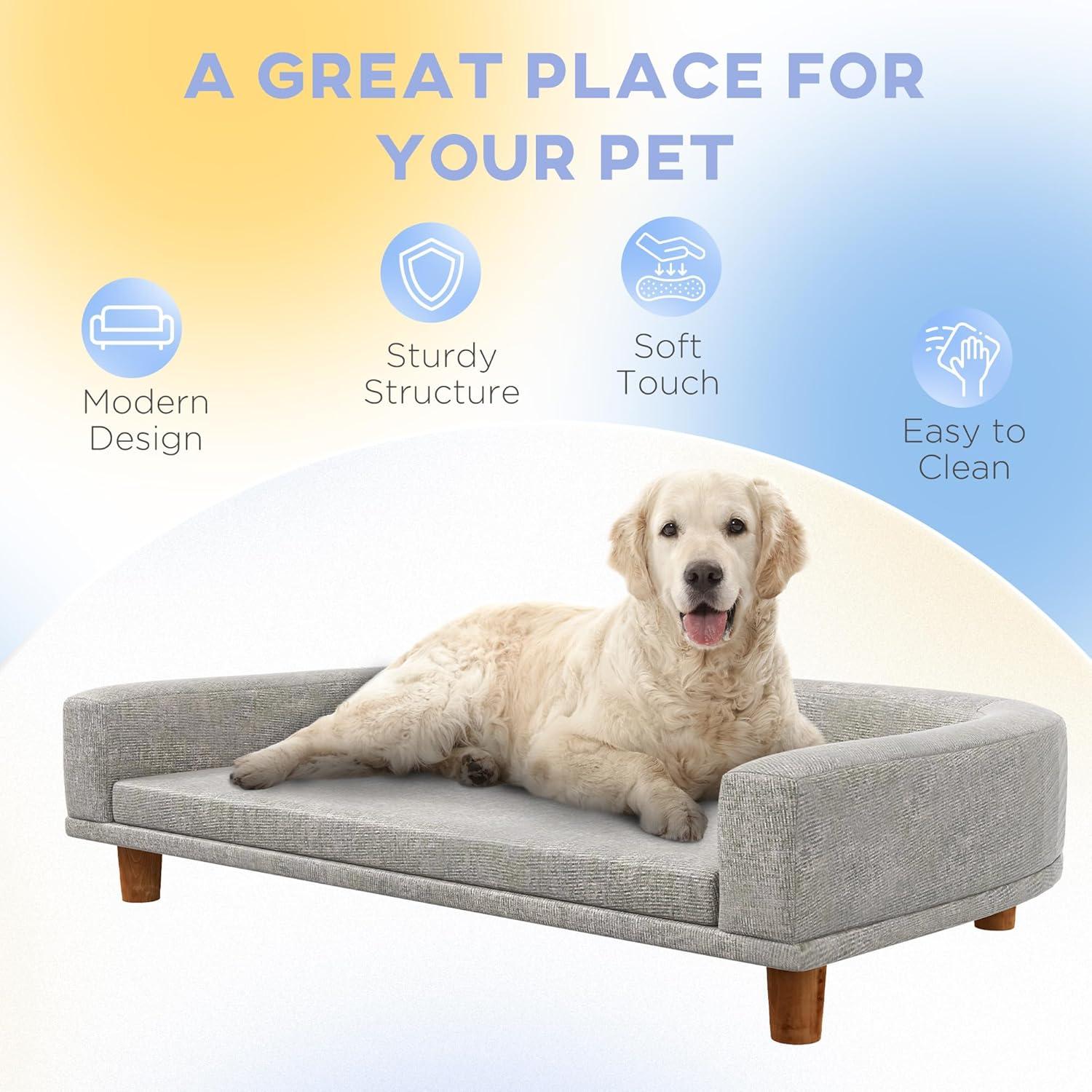 Gray Wooden Leg Pet Sofa with Washable Cushion