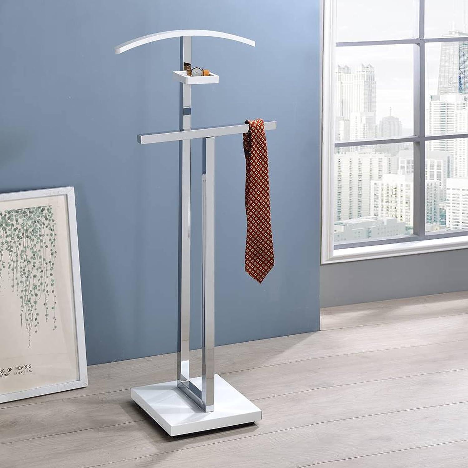 Kings Brand Furniture - Vaccaro Metal & Wood Suit Valet Stand, Clothes Rack, White/Chrome