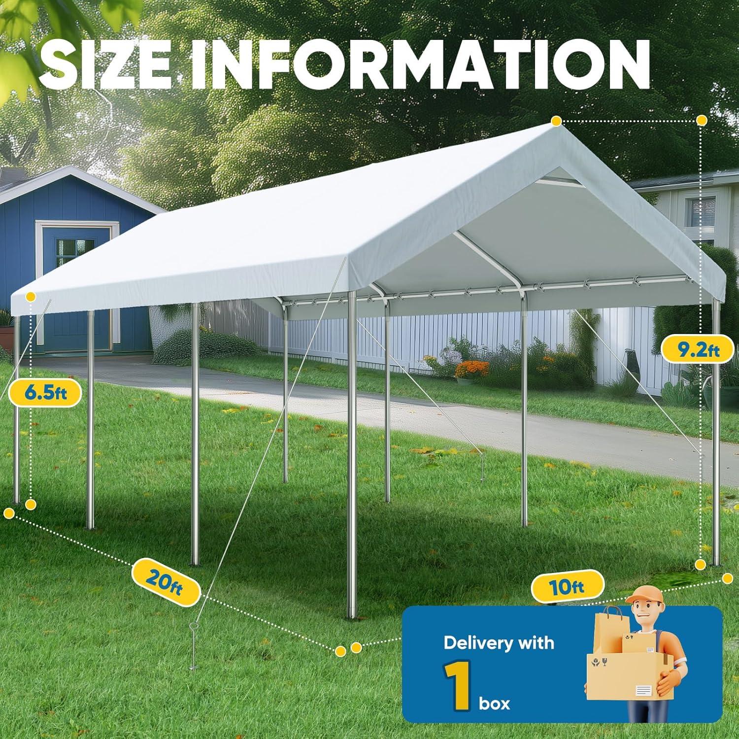 Quictent 10X20ft Upgraded Heavy Duty Carport Car Canopy Party Tent with Reinforced Steel Cables-White