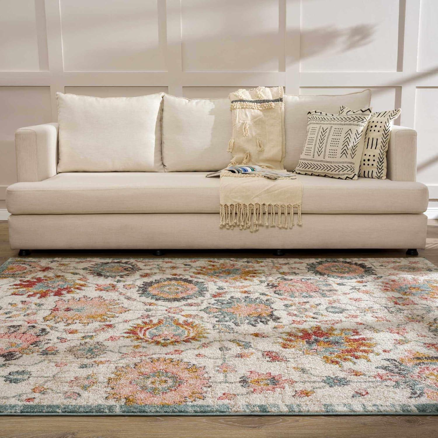 BoutiqueRugs Twilight Boho Vintage Colorful Oversized Area Rug - Farmhouse Traditional Floral Pink Rug for Living Room - Cream, Green, Sage, Red, Gray, Taupe, Pink - 8'10" x 12' (9x12 Area Rug)