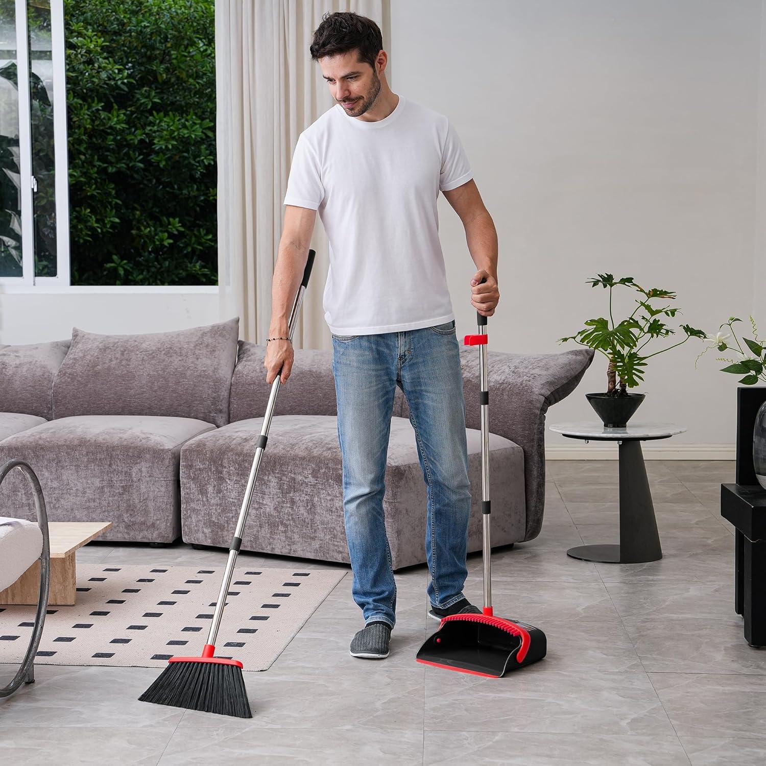 Heavy-Duty Broom and Dustpan Set for Outdoor Broom and Dust pan for Home Commercial Cleaning Supplies Angle Broom with Long Handle Perfect for Courtyard Garage Lobby Mall Market Street, B6