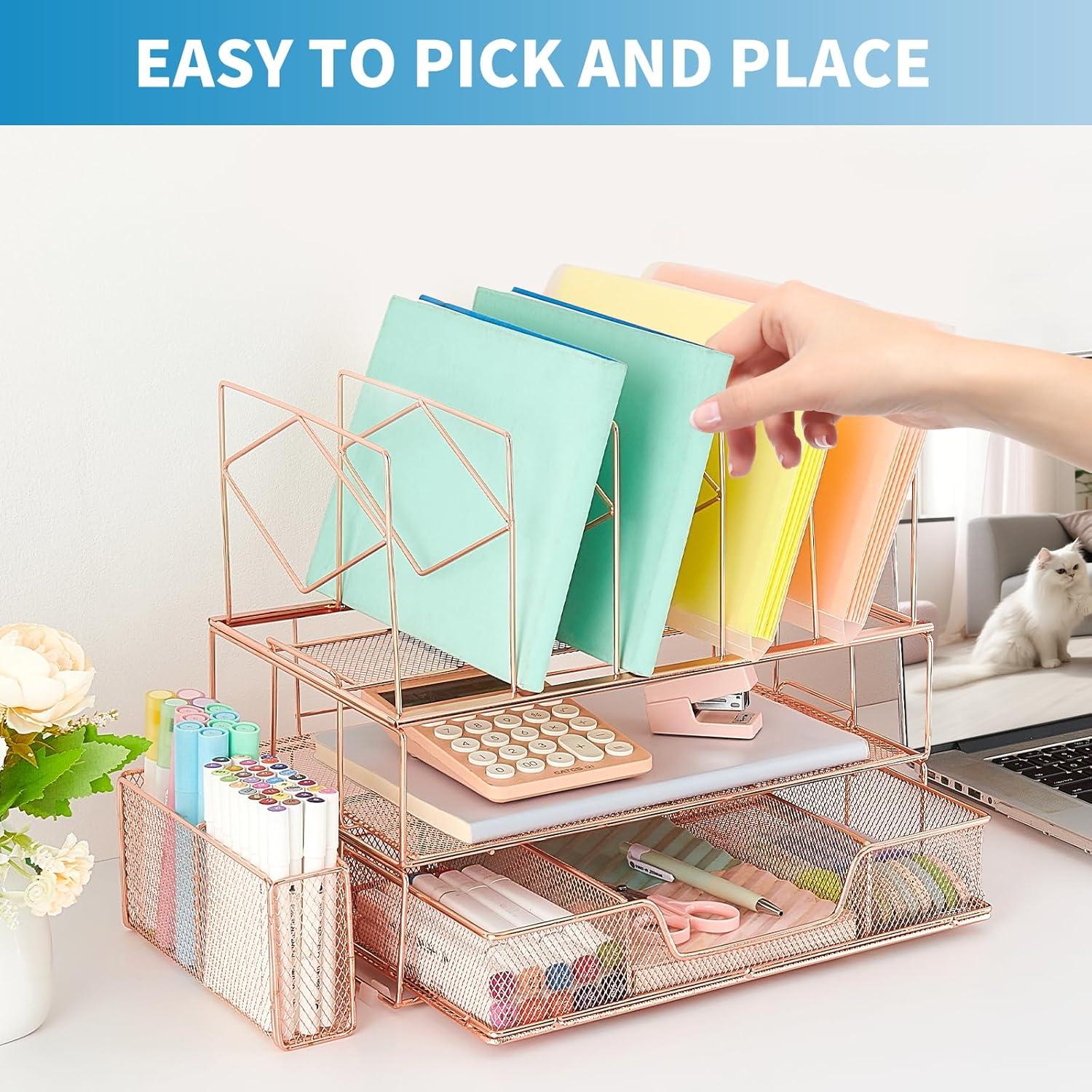 Desk Organizers and Desk Accessories - Rose Gold Desk Organizer with File Sorters, File Organizer with Drawer, Desk Accessories & Workspace Organizers for School Office Supplies