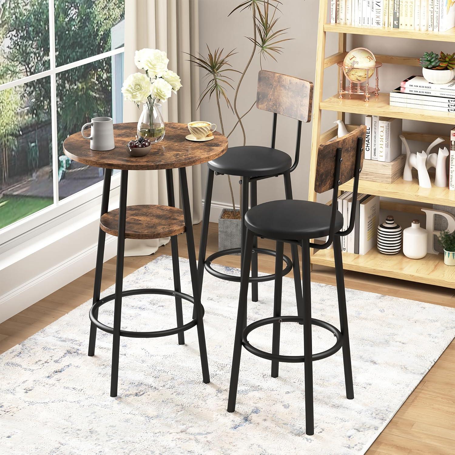 Recaceik 3 Pcs Wood Bar Set with 2 Stools, Round Wood Kitchen Table and Chairs, Brown