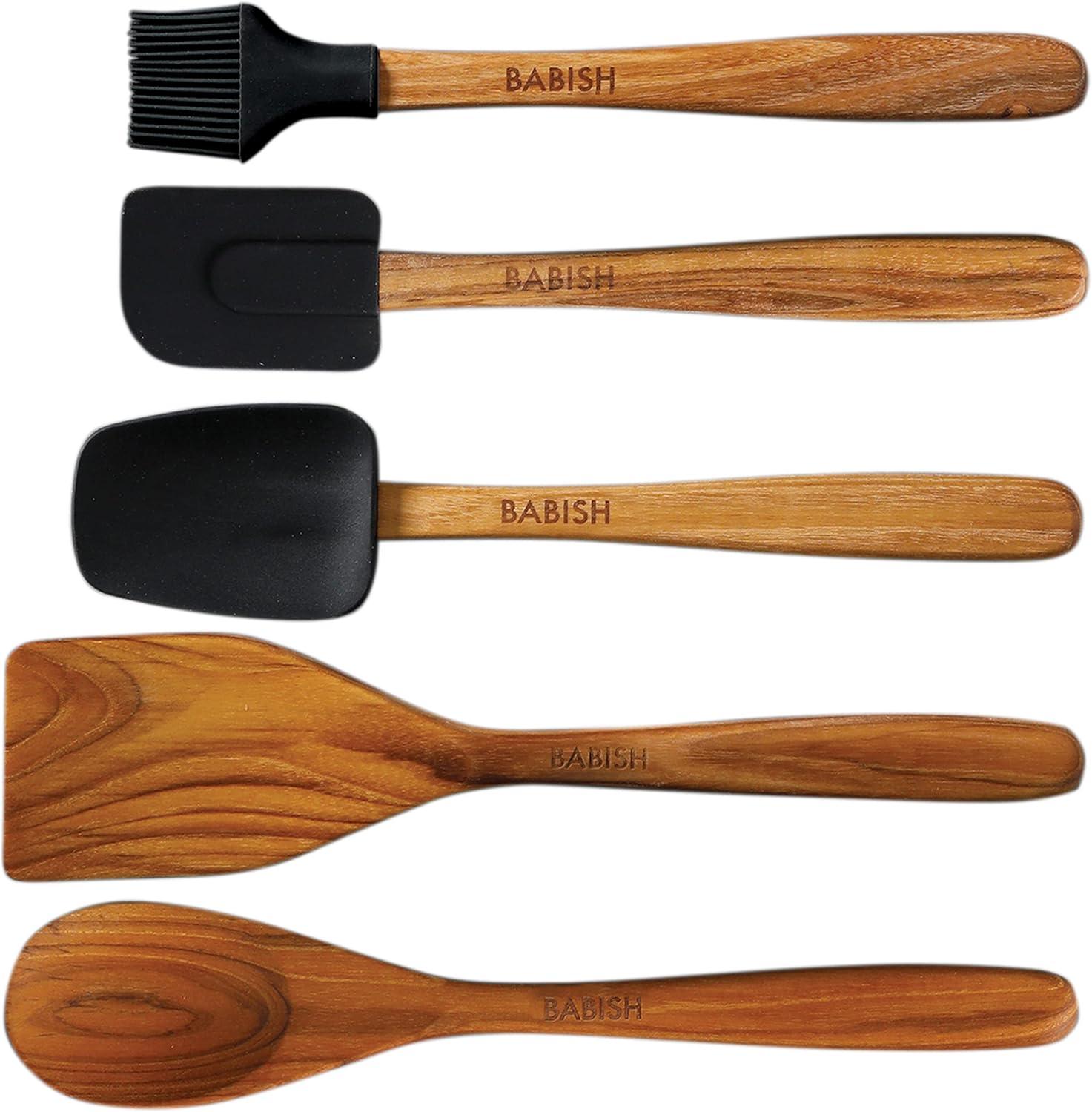 Babish 11-Piece Teak Wood, Silicone, and Stainless Steel Cooking Tool Set