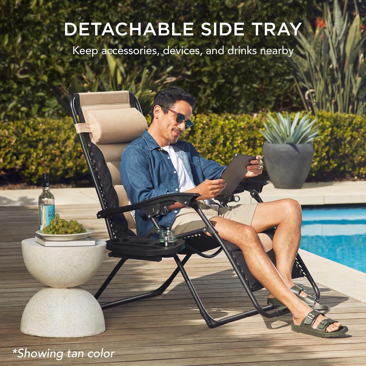 Best Choice Products Oversized Padded Zero Gravity Chair, Folding Outdoor Patio Recliner w/ Side Tray - Gray/Light Gray