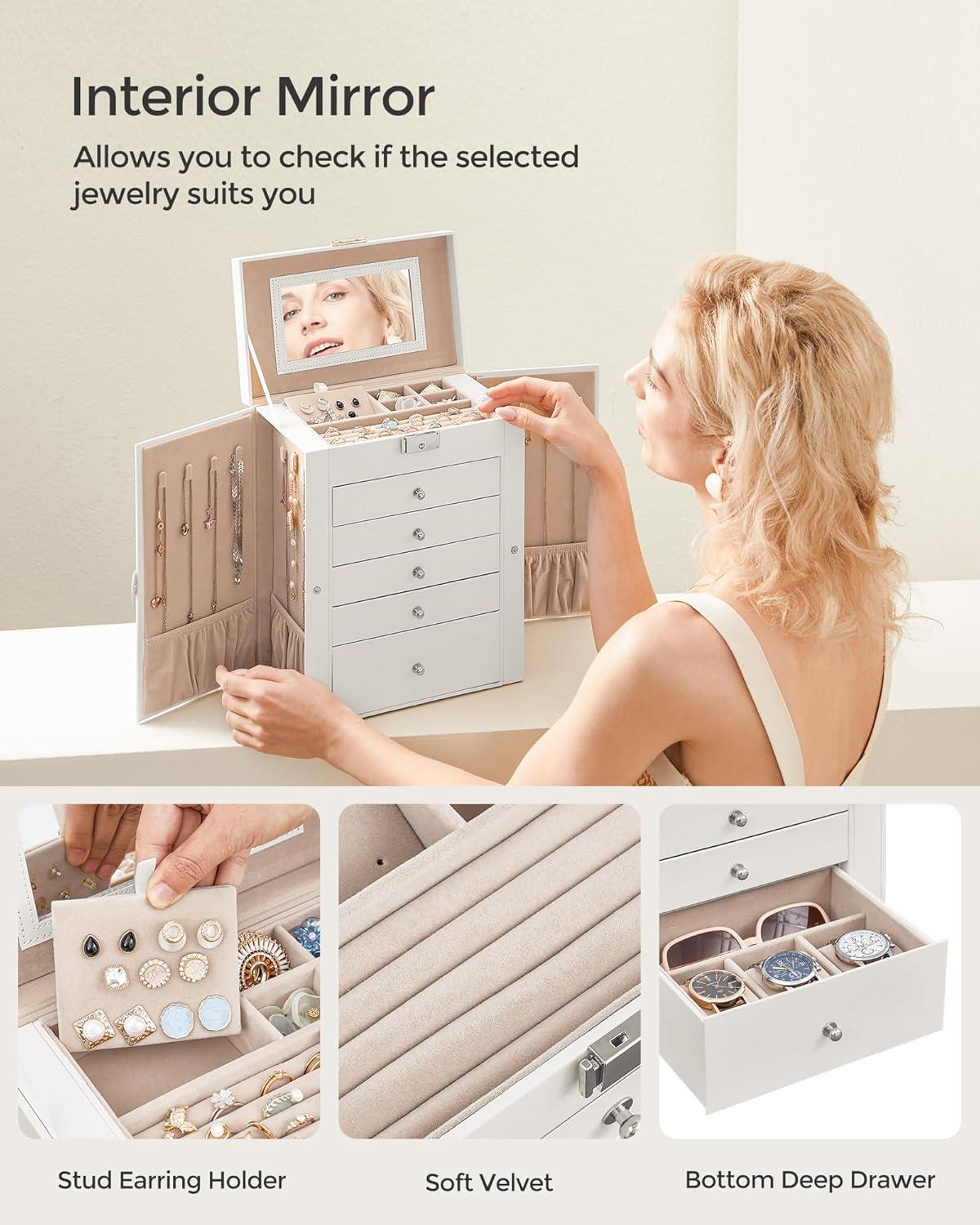 Wonderful Mirror Drawers Jewelry Boxes, White, 6.84 lbs